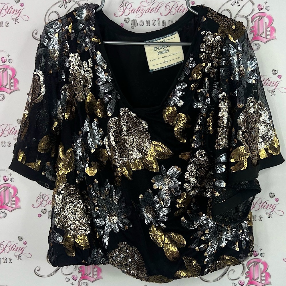 California moonrise top embroidered fully sequins Black Sequin Floral Blouse